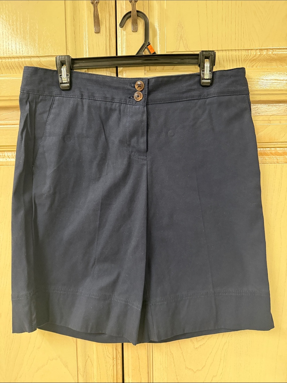 George Navy High-Rise Double-Button Bermuda Shorts